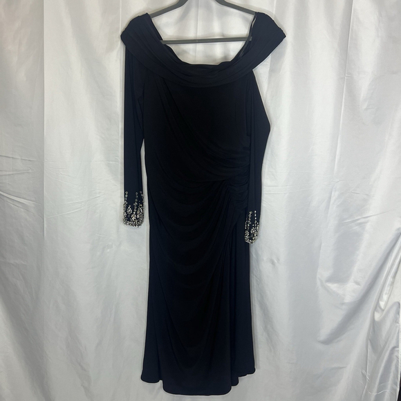 Mac Duggal Black Foldover Long Sleeve Jeweled Midi Dress One-Shoulder Long 10 - Picture 2 of 16